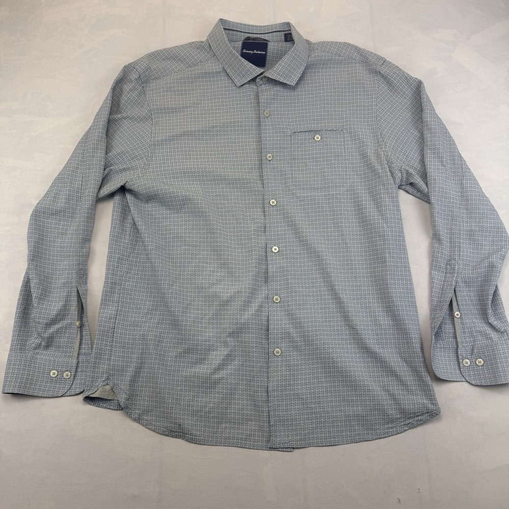 Tommy Bahama Men's XL Silk Cotton Blue Check Long Sleeve Button Up Shirt